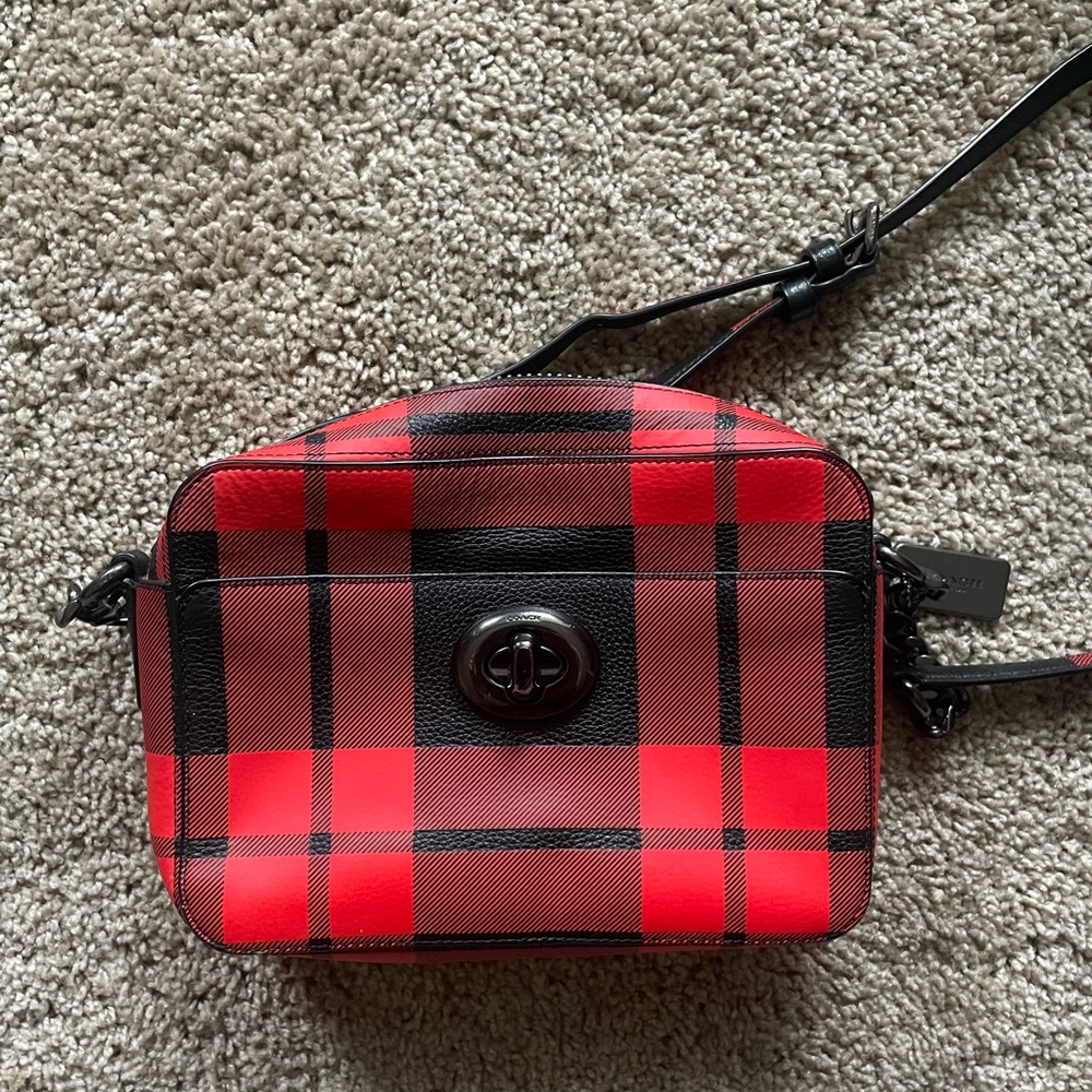 Coach red and black plaid crossbody purse